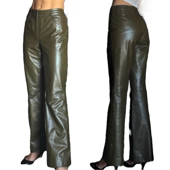 Theory Leather Green Pants Straight Leg Size 6 - Picture 1 of 10